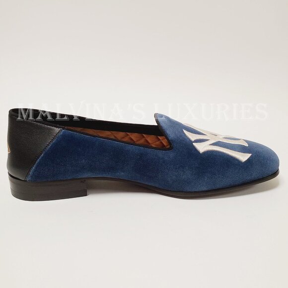 GUCCI SHOES MENS NY YANKEES INSIGNIA BLUE VELVET LOAFERS - Picture 8 of 14